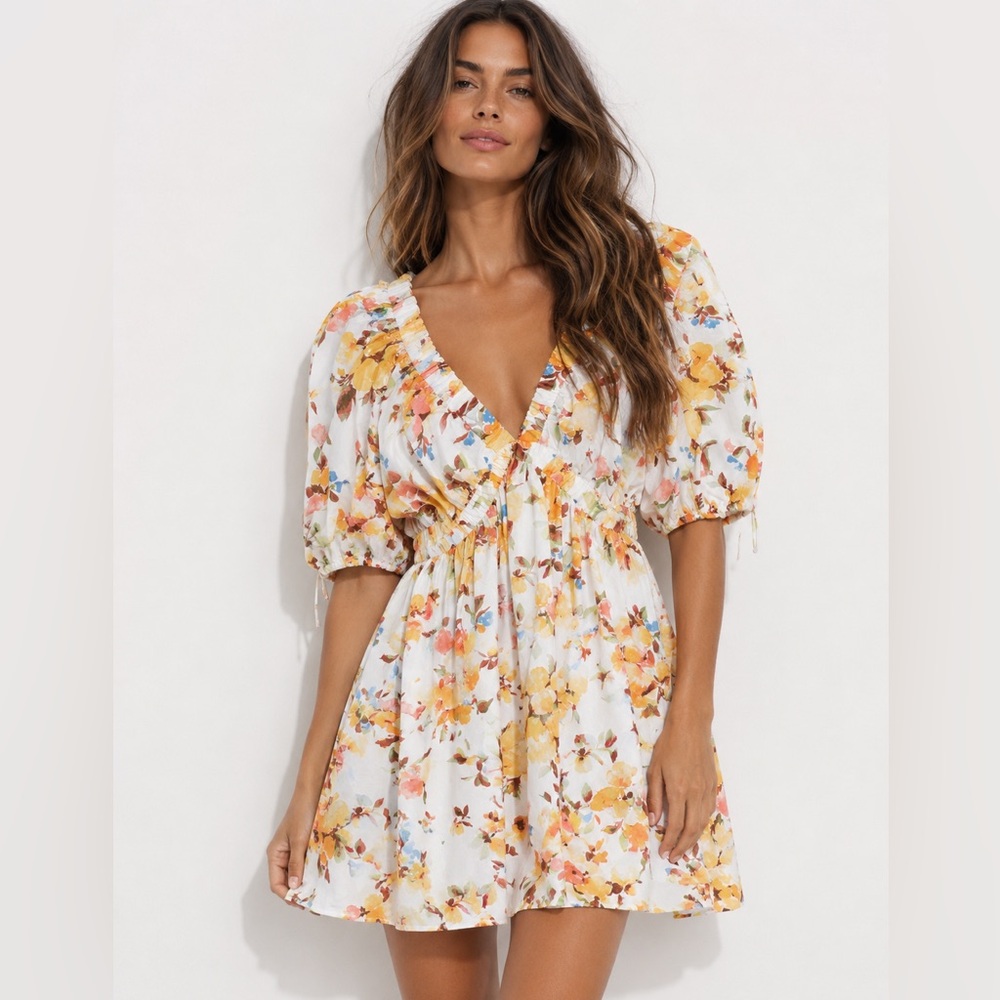 Abercrombie & Fitch Floral V-Neck Puff Sleeve Mini Dress - White/Yellow MP